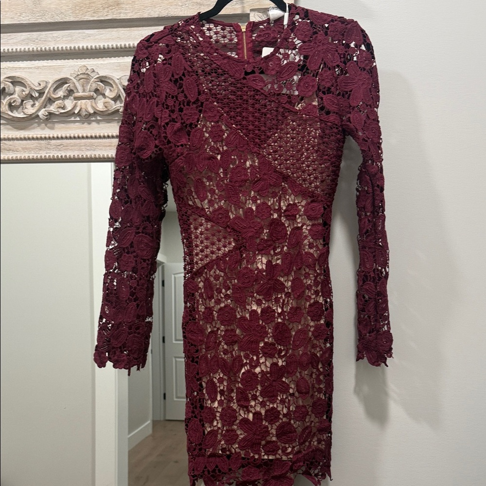 Selfie Leslie Deep Red Lace Long Sleeve Dress
